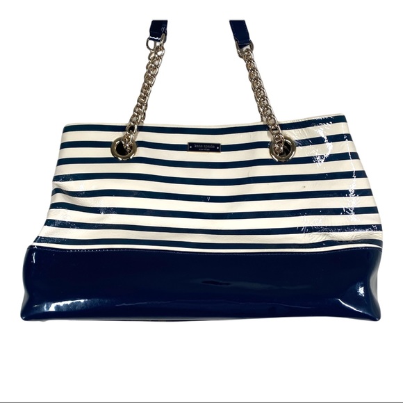 Kate Spade Montrose Elena White and Navy Stripe Patent Leather Chain Purse - Picture 3 of 13